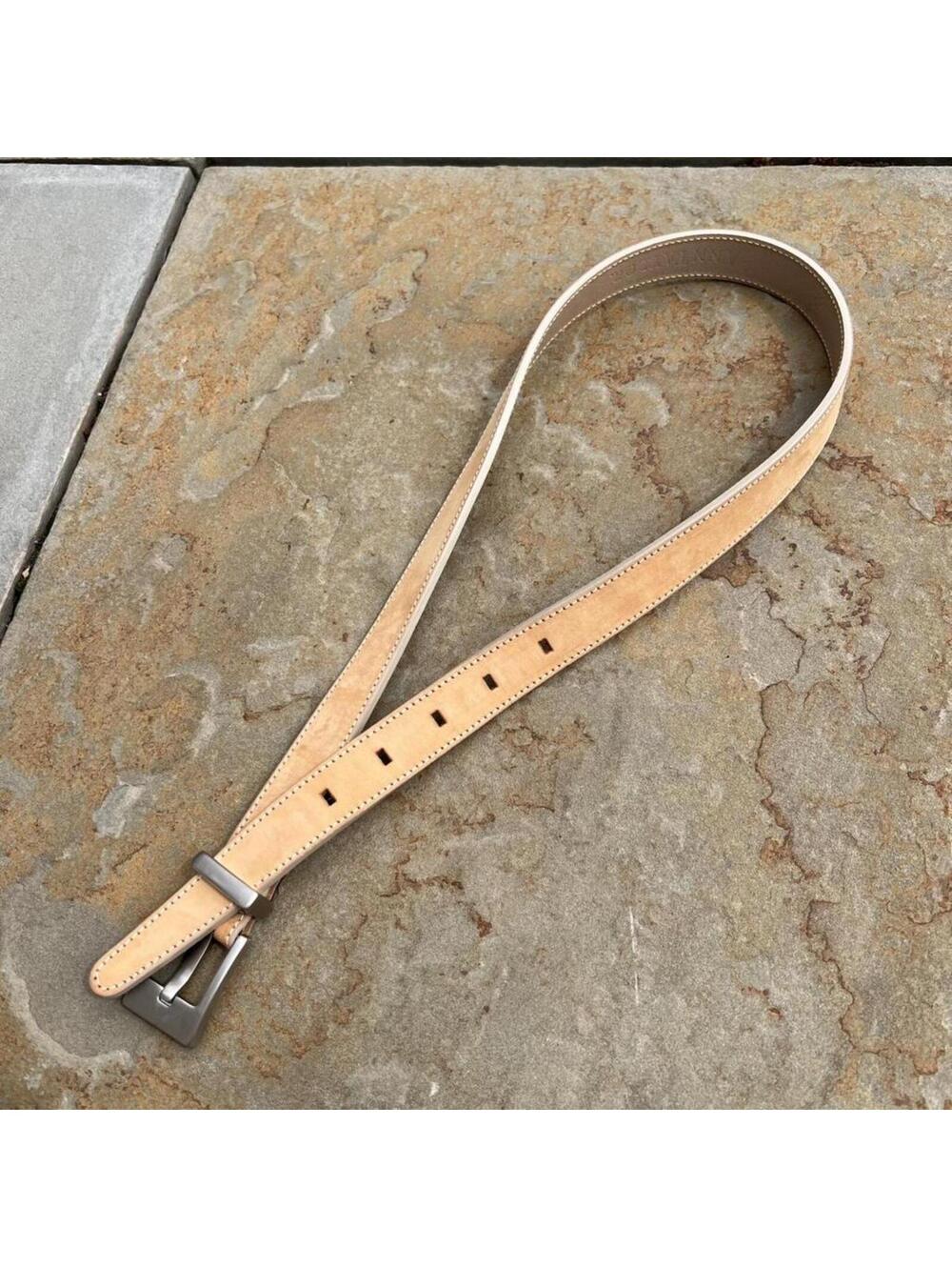 Vintage 90s Italian Leather Tan/Pale Purple Stitch+Edge Belt